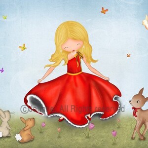 May include: A young girl in a red dress with white lace trim twirls in a field of flowers. Two bunnies and a fawn watch her. Butterflies and birds fly in the blue sky.