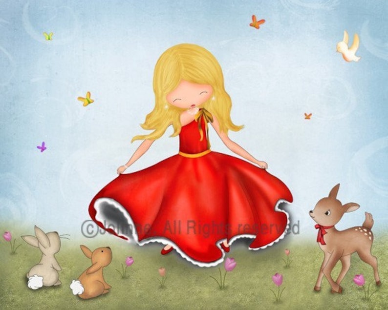 May include: A young girl in a red dress with white lace trim twirls in a field of flowers. Two bunnies and a fawn watch her. Butterflies and birds fly in the blue sky.