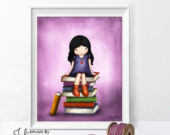 Girl Reading Books Art Print, Library Decor, Nursery Artwork