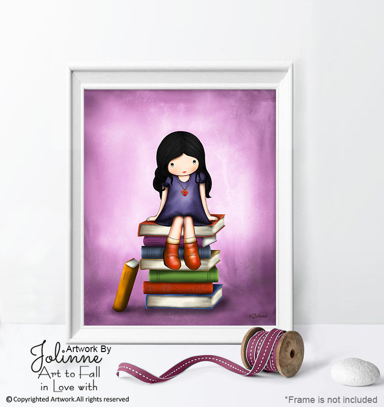 Girl Reading Books Art Print, Library Decor, Nursery Artwork - Etsy