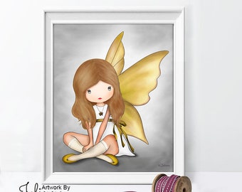 Gray Yellow angel wall art, nursery decor, posters for kids rooms, children's wall art,baby girl bedroom art, nursery decor for little girls