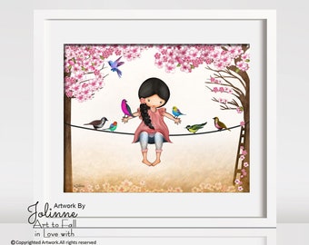 Girl and Birds Art Print, Nursery Room Decor