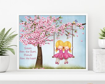 Picture for sisters room,Cherry Blossom Wall Art,Kids Decoration tree art, wall quote nursery decor,twin sisters wall art posters for baby