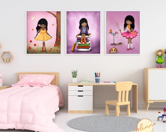 Pictures for girls bedroom,Girls room posters set, 3 set toddler girl room art,Kids room decor,Granddaughter room decor gift