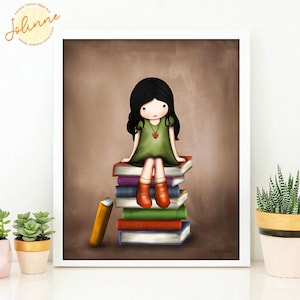 Girl on books wall art,Picture for kids room,Kids Library wall art,Reading room poster,Childrens bedroom art image 1