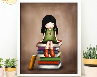 Girl on books wall art,Picture for kids room,Kids Library wall art,Reading room poster,Childrens bedroom art