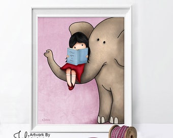 kids reading room wall art,Reading nook poster,elephant nursery wall art,artwork for girls room,nursery pink elephant decor,baby room pics