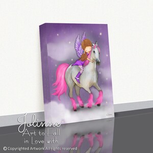 May include: A purple and pink digital painting of a fairy riding a unicorn with a pink mane and tail. The unicorn has a silver horn and pink hooves. The fairy is wearing a purple dress and has pink wings. The background is a purple sky with stars.