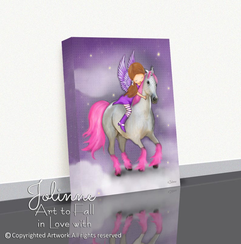 May include: A purple and pink digital painting of a fairy riding a unicorn with a pink mane and tail. The unicorn has a silver horn and pink hooves. The fairy is wearing a purple dress and has pink wings. The background is a purple sky with stars.