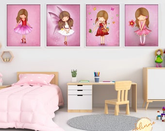 Set of 4 posters for girls room,Girls room art posters,Pink girls room posters