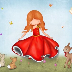 May include: A young girl in a red dress with a white lace trim stands in a field with two bunnies and a fawn. The girl has long, red hair and is smiling. The background is a light blue sky with white clouds.