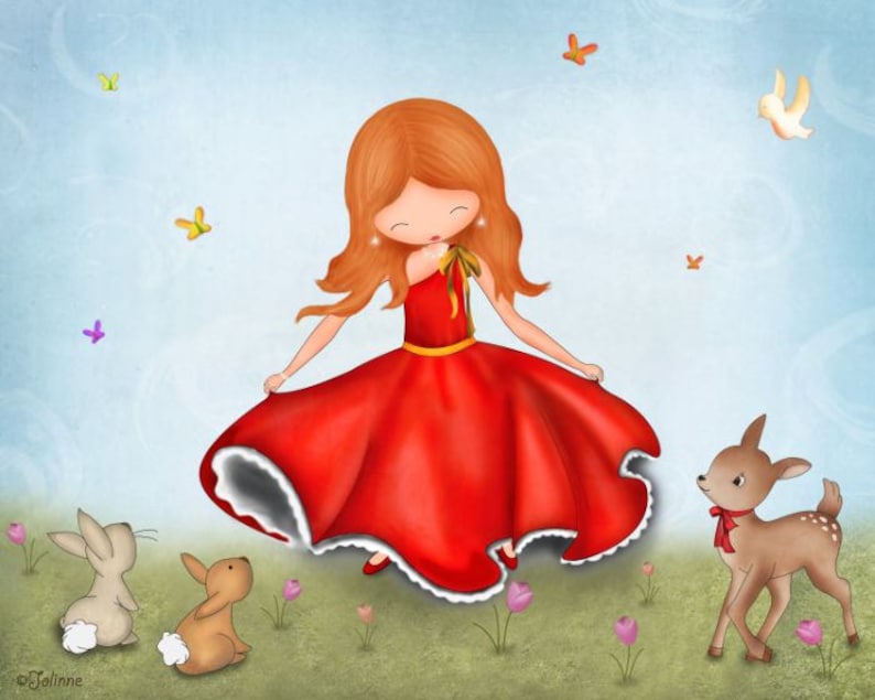 May include: A young girl in a red dress with a white lace trim stands in a field with two bunnies and a fawn. The girl has long, red hair and is smiling. The background is a light blue sky with white clouds.