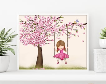 Cherry blossom tree art kids,Baby Nursery Art,Kids room art decor,Girl nursery personalized print,Kids room decor,Custom hair skin color