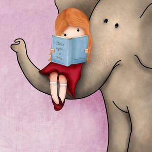 Girl reading a book on an elephant art print,Girl reading books wall art,book art nursery,book corner child room,8x10 nursery art image 8