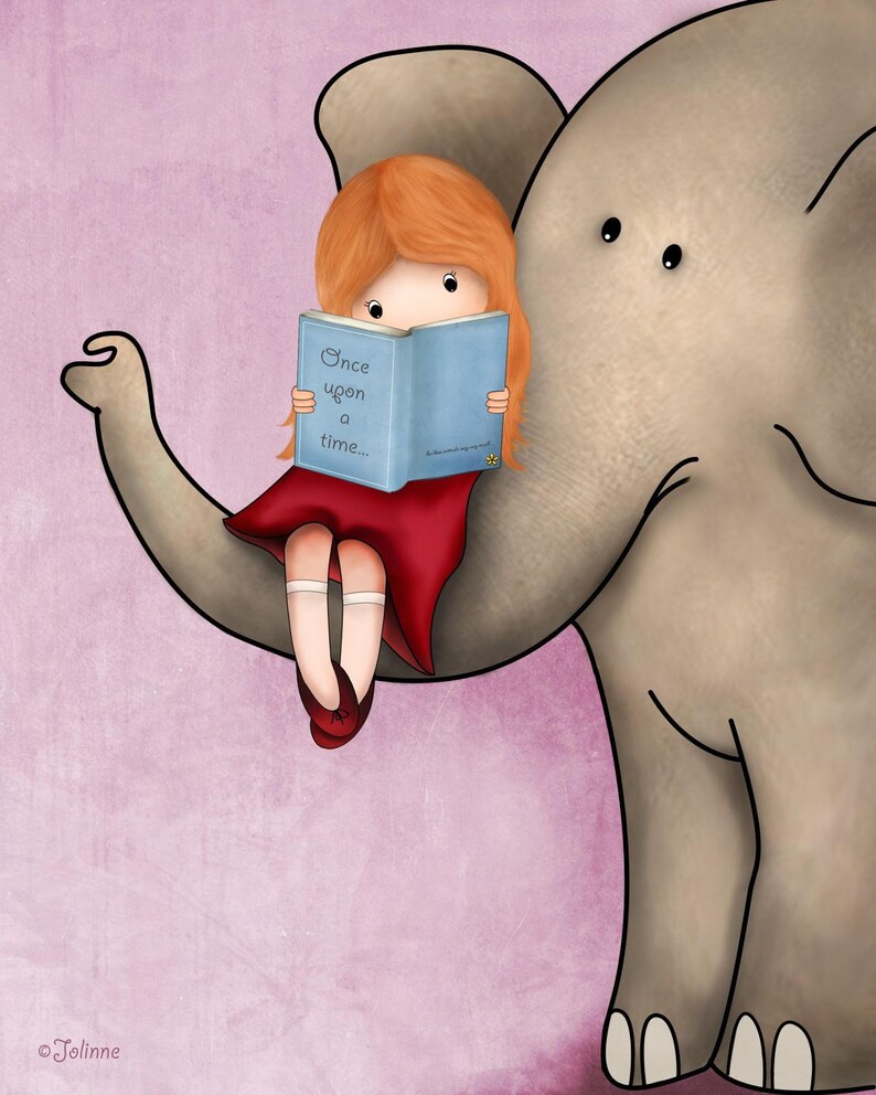 Girl reading a book on an elephant art print,Girl reading books wall art,book art nursery,book corner child room,8x10 nursery art image 8