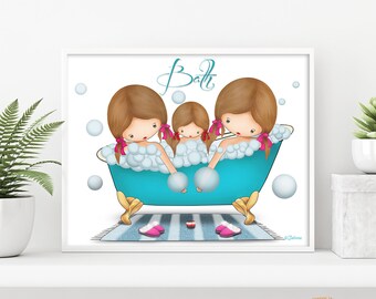 Three Girls Bathroom Wall Art Decor, Kids Bathroom Sign, Sisters Bath Wall Poster,Bathroom Decoration, Home Decor,Customized Art Print Bath