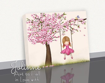 Cuadro de flores de cerezo en lienzo, niña en columpio, decoración para habitación infantil, arte para habitación de niños, lienzo personalizado para niña, regalo para niña pequeña