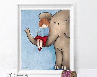 Elephant baby picture reading book,elephant and girl artwork,elephant decor for nursery girl,,Picture for girl room, Granddaughter room art
