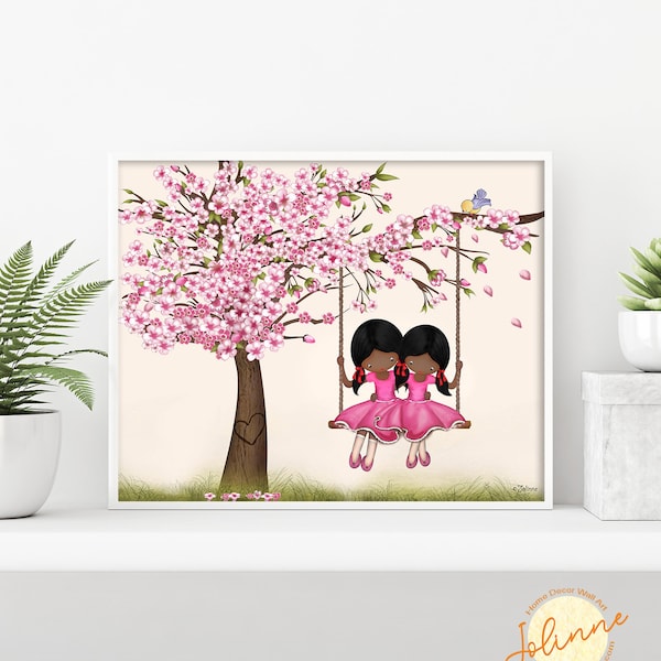 African American sisters wall art print,Art for sisters room,African American Dark Kids Room Decor,Sister room decor,Girls bedroom poster