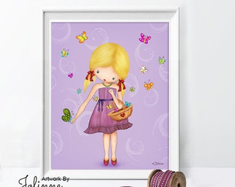 Girl and Butterfly Art Print, Kids Room Decor
