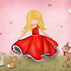 May include: A young girl in a red dress with white lace trim twirls in a field of flowers. Two bunnies and a fawn watch her. Butterflies and a bird are flying in the pink sky.
