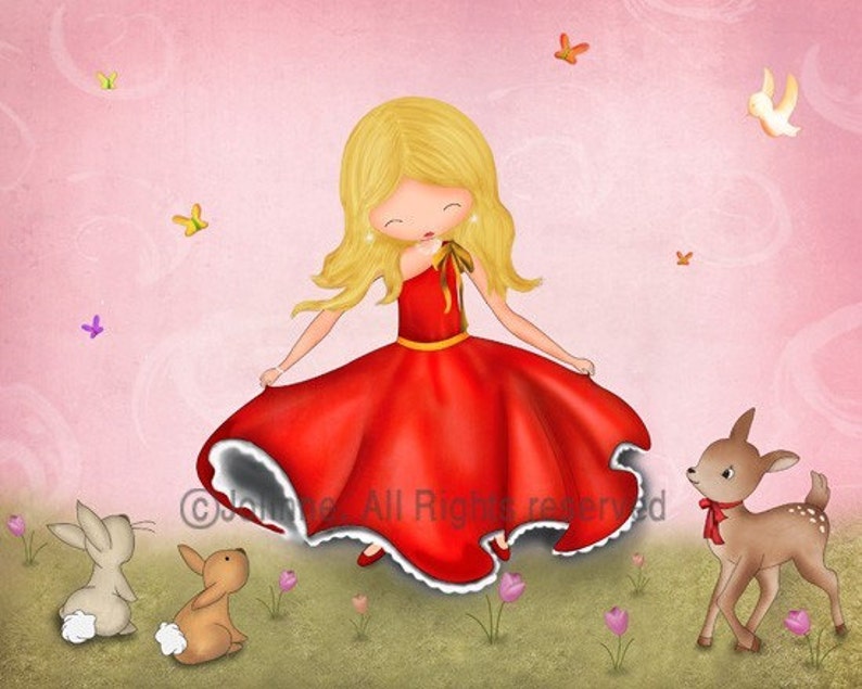 May include: A young girl in a red dress with white lace trim twirls in a field of flowers. Two bunnies and a fawn watch her. Butterflies and a bird are flying in the pink sky.