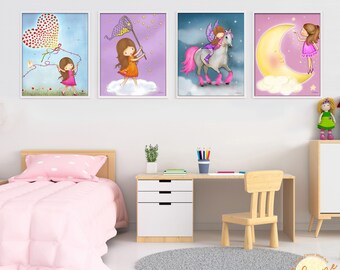 Posters set of 4 for Girls Bedroom,Nursery Art Prints,Baby room wall art,Toddler pictures set,Unicorn Moon Stars children artwork