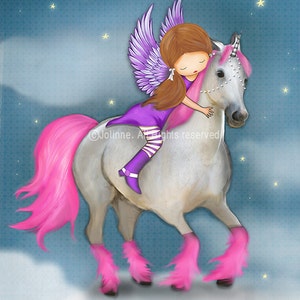 May include: A purple-winged fairy with brown hair rides a white unicorn with pink mane, tail, and hooves. The unicorn and fairy are flying through a blue sky with white clouds and yellow stars.