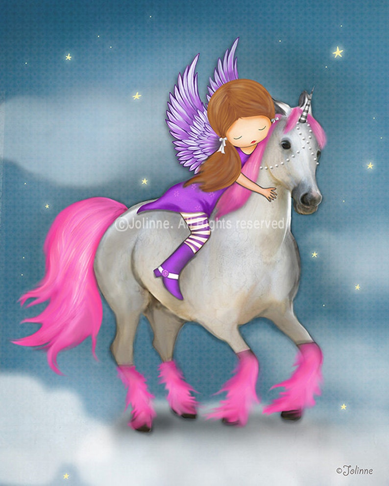 May include: A purple-winged fairy with brown hair rides a white unicorn with pink mane, tail, and hooves. The unicorn and fairy are flying through a blue sky with white clouds and yellow stars.