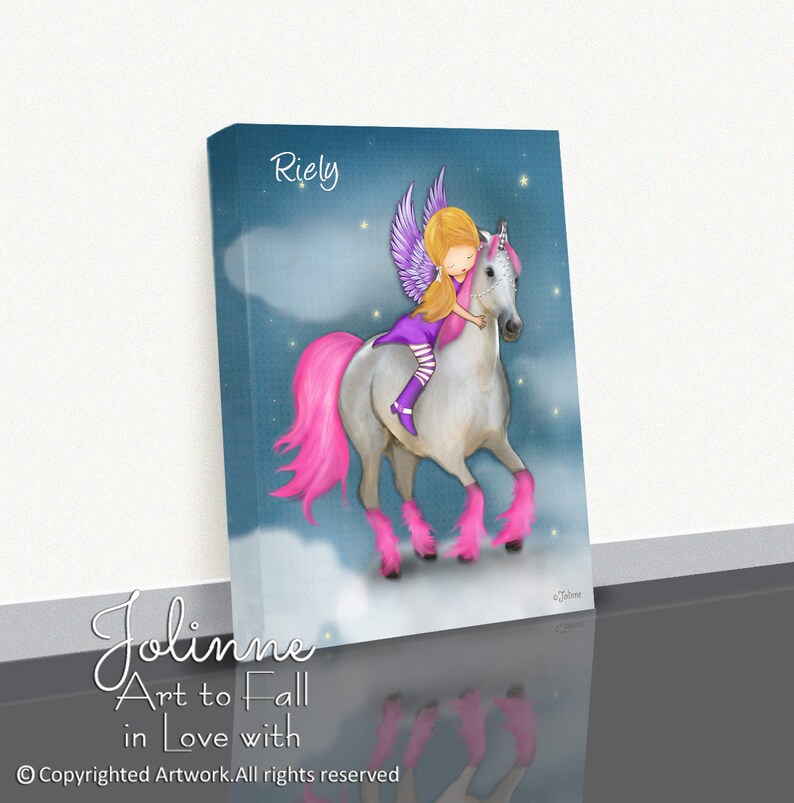 May include: A digital painting of a girl with angel wings riding a white unicorn with pink mane and hooves. The background is a blue sky with clouds and stars. The girl is wearing a purple dress and white boots. The painting is titled "Riely".