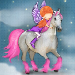 May include: A purple-winged fairy with red hair rides a white unicorn with pink mane and legs against a blue starry night sky.