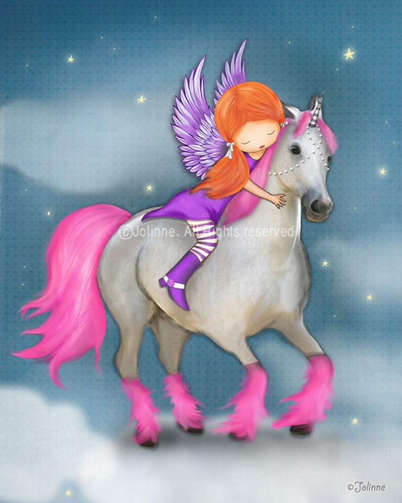 May include: A purple-winged fairy with red hair rides a white unicorn with pink mane and legs against a blue starry night sky.