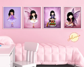Girls Room Wall Art Decor, Decoration for Girl Bedroom, Pink Purple Wall Posters Set, Nursery Artwork Prints, Children's Room Pictures Art