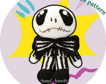 Patrón de amigurumi de Jacky - Tutorial en PDF para crear un muñeco de peluche de Calabaza Rey de 30 cm (12 pulgadas). Manualidad de Halloween: Esqueleto de dibujos animados.