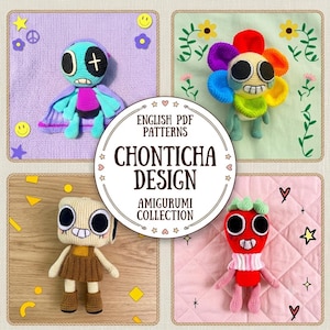 Op de afbeelding: Een collectie van vier gehaakte amigurumi-poppen met een blauwe alien, een regenboogbloem, een vierkant-hoofdig personage in een bruine jurk en een rode aardbei-achtige figuur, met een centraal logo met de tekst ENGLISH PDF PATTERNS CHONTICHA DESIGN.