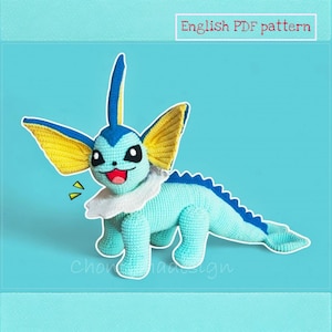 Vaporeon Crochet Pattern - Inspired by Pokemon Water Creature - 12 Inch Amigurumi PDF, Aquatic Mermaid Monster Plushie Toy Craft Tutorial