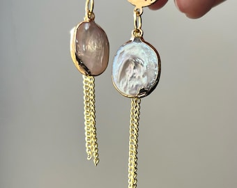 Dainty and Elegant 18 K Gold plated stainless steel, genuine Freshwater Pearl dangle/Drop Earrings