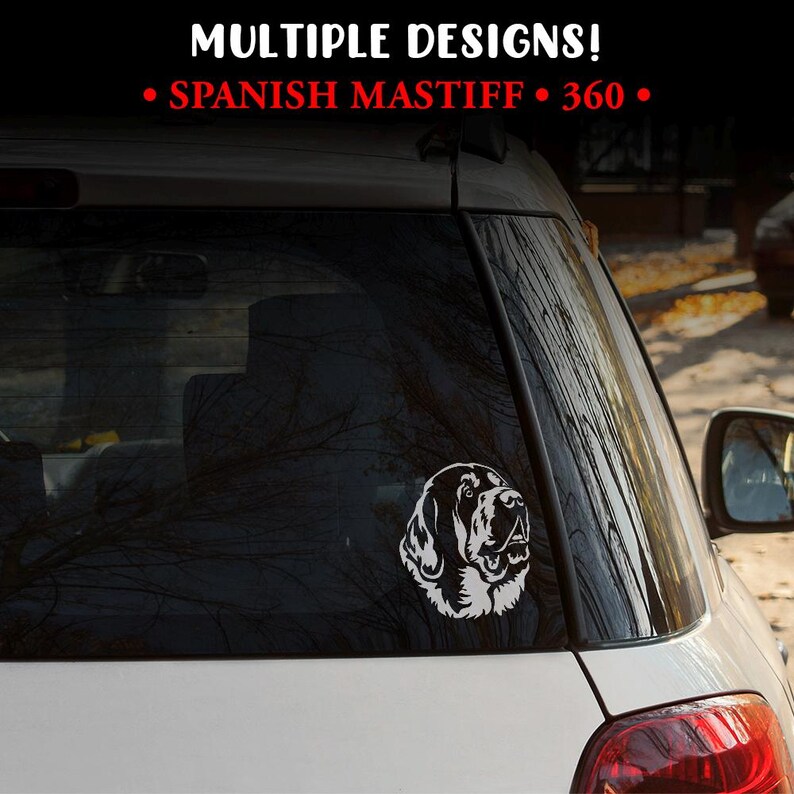Puede incluir: Una calcoman&iacute;a de vinilo blanco con la cabeza de un perro Mast&iacute;n Espa&ntilde;ol est&aacute; adherida a la ventana de un coche. La imagen es un dibujo lineal detallado. El texto en la parte superior dice "MULTIPLE DESIGNS!" y "SPANISH MASTIFF &bull; 360 &bull;" en rojo.