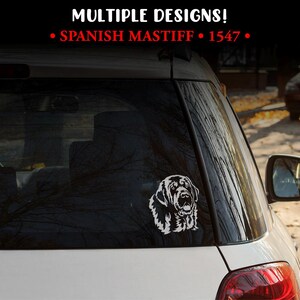 Puede incluir: Una calcoman&iacute;a de vinilo blanco con la cabeza de un mast&iacute;n espa&ntilde;ol est&aacute; adherida a la ventana de un coche. La calcoman&iacute;a es una ilustraci&oacute;n detallada de la cara del perro. Encima de la calcoman&iacute;a, el texto dice "MULTIPLE DESIGNS!" y "SPANISH MASTIFF &bull; 1547 &bull;".