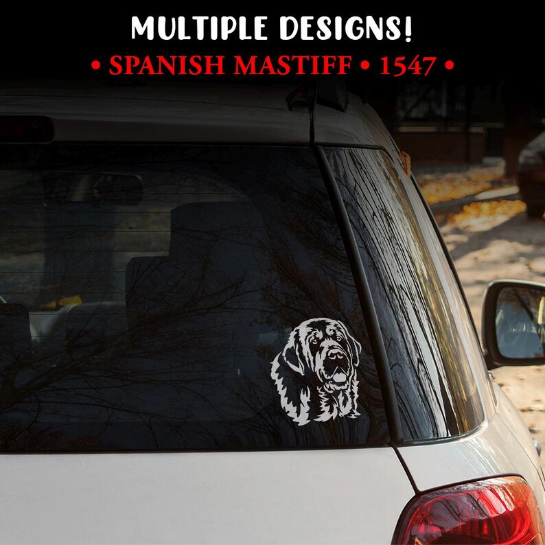 Puede incluir: Una calcoman&iacute;a de vinilo blanco con la cabeza de un mast&iacute;n espa&ntilde;ol est&aacute; adherida a la ventana de un coche. La calcoman&iacute;a es una ilustraci&oacute;n detallada de la cara del perro. Encima de la calcoman&iacute;a, el texto dice "MULTIPLE DESIGNS!" y "SPANISH MASTIFF &bull; 1547 &bull;".