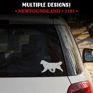 May include: A white decal of a Newfoundland dog is affixed to the rear window of a white car. The text "MULTIPLE DESIGNS!" and "NEWFOUNDLAND • 1191 •" are displayed at the top of the window.