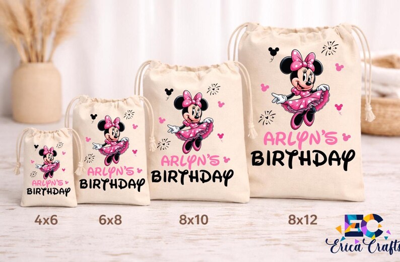 May include: Four beige drawstring bags of varying sizes, each featuring a Minnie Mouse design in pink and black. The bags are labeled with "ARLYN'S BIRTHDAY" in pink and black text. Sizes include 4x6, 6x8, 8x10, and 8x12 inches.