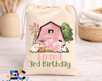 Pink Farm Birthday Favor Bags | Personalized Barnyard Birthday Treat Bags | Custom Name Cotton Drawstring Bags | Farm Girl Party