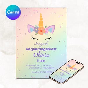 Uitnodiging Unicorns kinderverjaardag, kinderfeestje, bewerkbare Canva Template