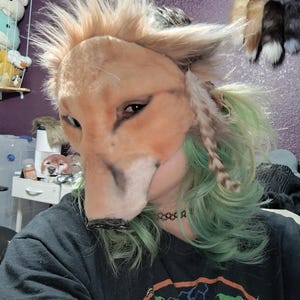 May include: A tan and brown fox mask with a faux fur mane and feather accents. The mask has a realistic design with detailed eyes and a black nose. The person wearing the mask has green hair and a black shirt.