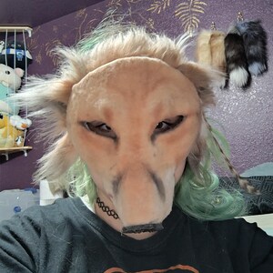 May include: A tan-colored, furry animal mask with dark eye details and a black snout. The mask has light green and gray accents around the ears and face. A black choker is visible. The background includes plush toys and decorative tails.
