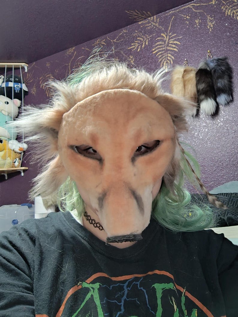May include: A tan-colored, furry animal mask with dark eye details and a black snout. The mask has light green and gray accents around the ears and face. A black choker is visible. The background includes plush toys and decorative tails.