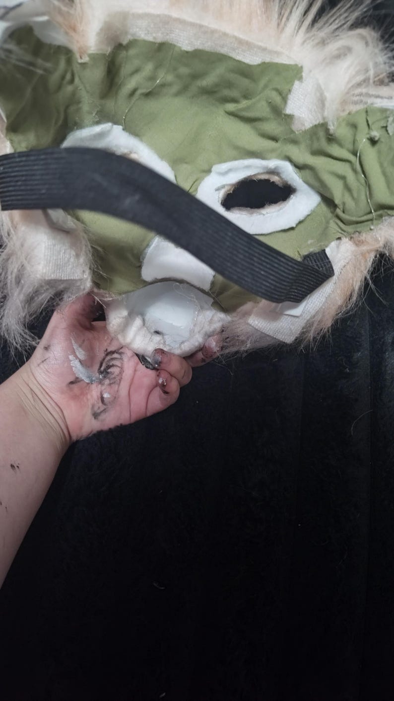 May include: A handmade green and beige mask with a black elastic strap. The mask has eye holes and is lined with white fabric. The exterior features faux fur and a green fabric base.