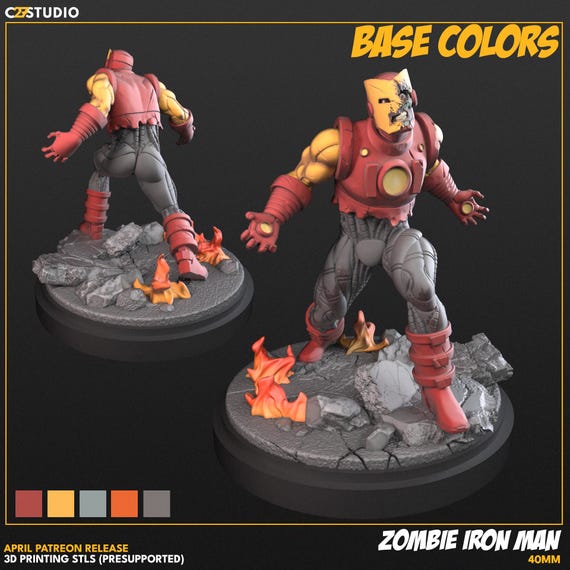 Zombie Iron Man Marvel, RPG Resin Model Kit, 3D Printed, Highly detailed, C27 miniatures Sculpts, , 35mm, 40mm, 75mm or 1/16