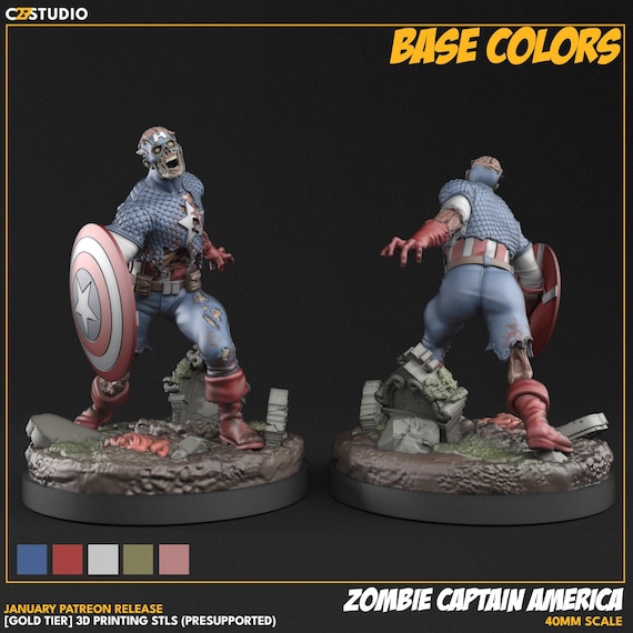 Zombie Captain America, Marvel RPG Resin Model Kit, 3D Printed, Highly detailed, By C27 miniatures Sculpts, Authorised Seller, 40mm-75mm